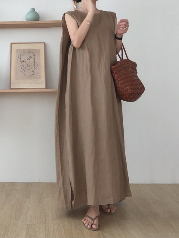 Simple Color Split-side Round-neck Sleeveless Midi Dress