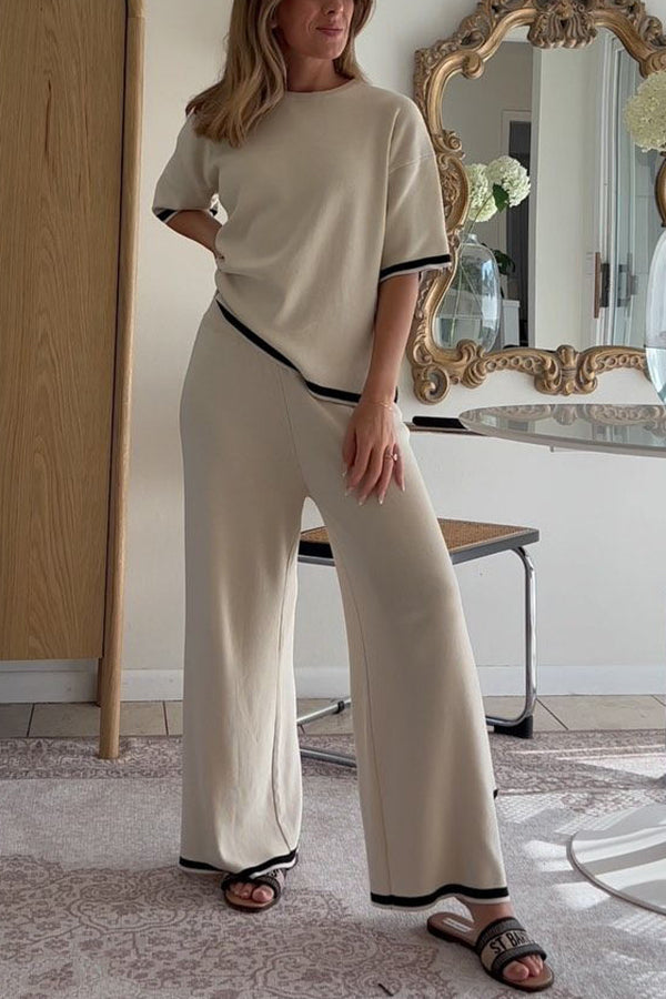 Lounge or Wear Knit Patchwork Color Block Short Sleeve Top and Elastic Wide Leg Pants