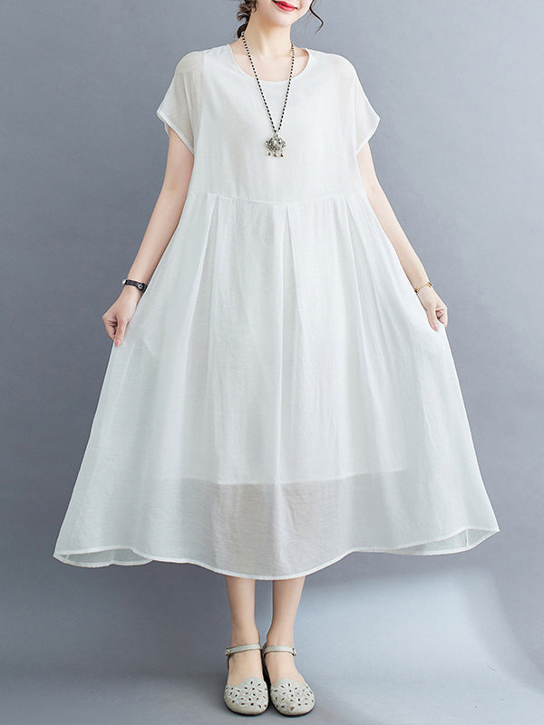 Loose Short Sleeves Color Split-joint Round-neck Midi Dresses