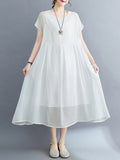 Loose Short Sleeves Color Split-joint Round-neck Midi Dresses