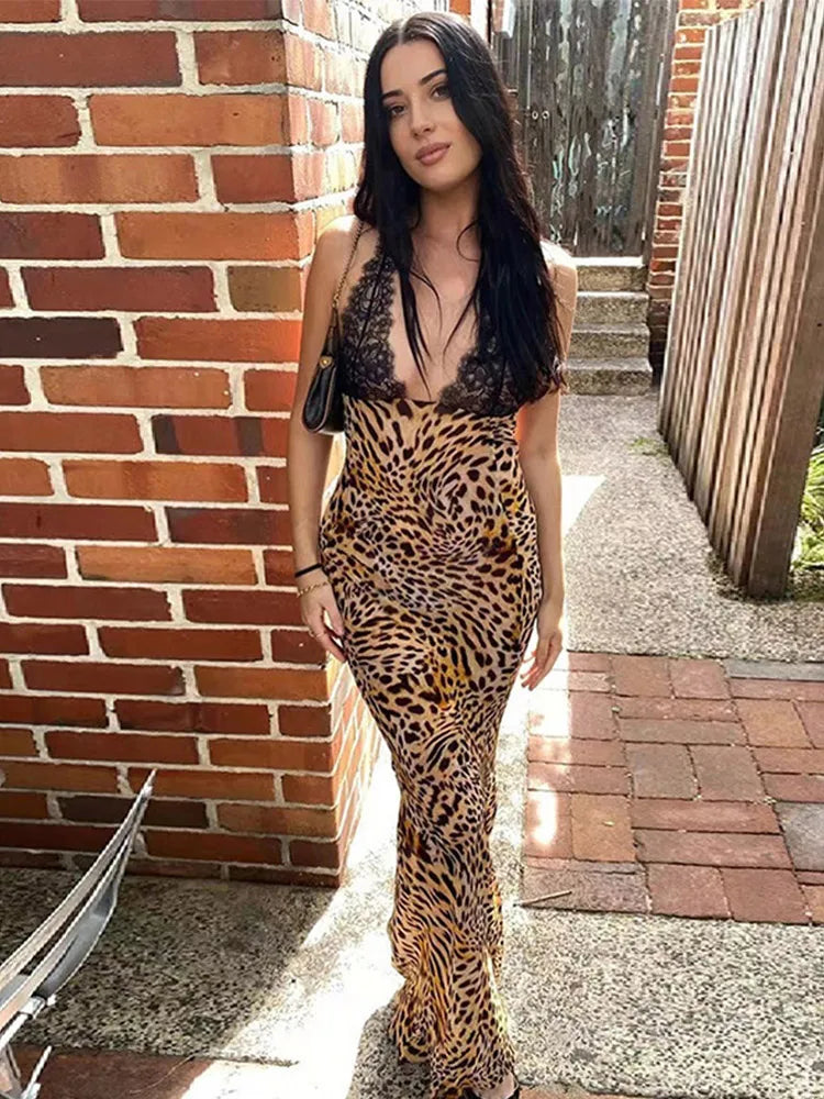 Lace Leopard Patchwork Halter Long Dress V-neck Sleeveless Backless Dress Lady Party Bodycon Dress