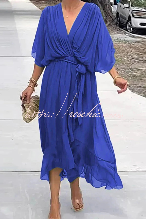 Color V-neck Bat Sleeve Lace-up Irregular Hem Midi Dress
