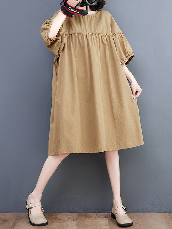 Loose Short Sleeves Color Round-neck Midi Dresses