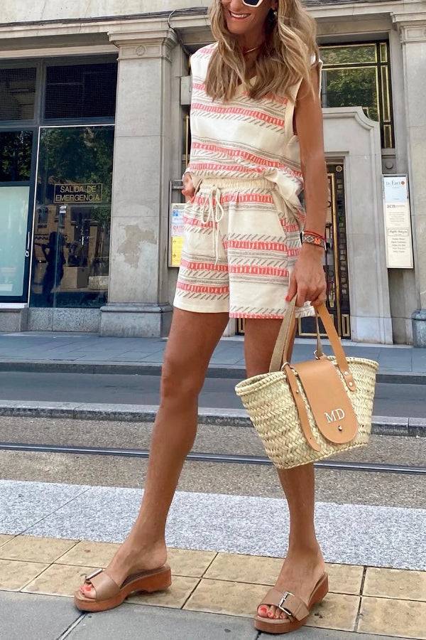 Beige Striped Print Dolman Top \u0026 Drawstring Shorts Set
