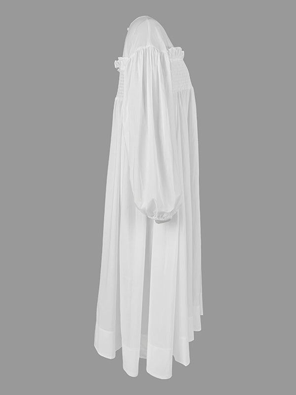 A-line Long Sleeves Mesh Pleated See-through Color Split-joint Round-neck Midi Dresses