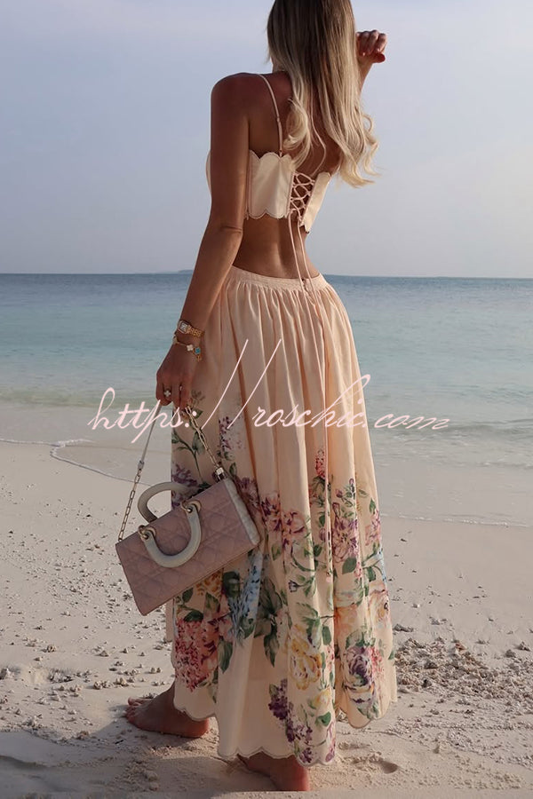 Cabo Sunsets Print Petal Trim Back Lace-up Midi Dress