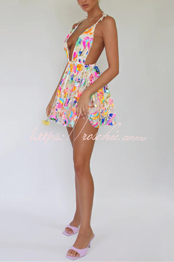 V Neck Open Back Sequined Tie a Line Mini Dress