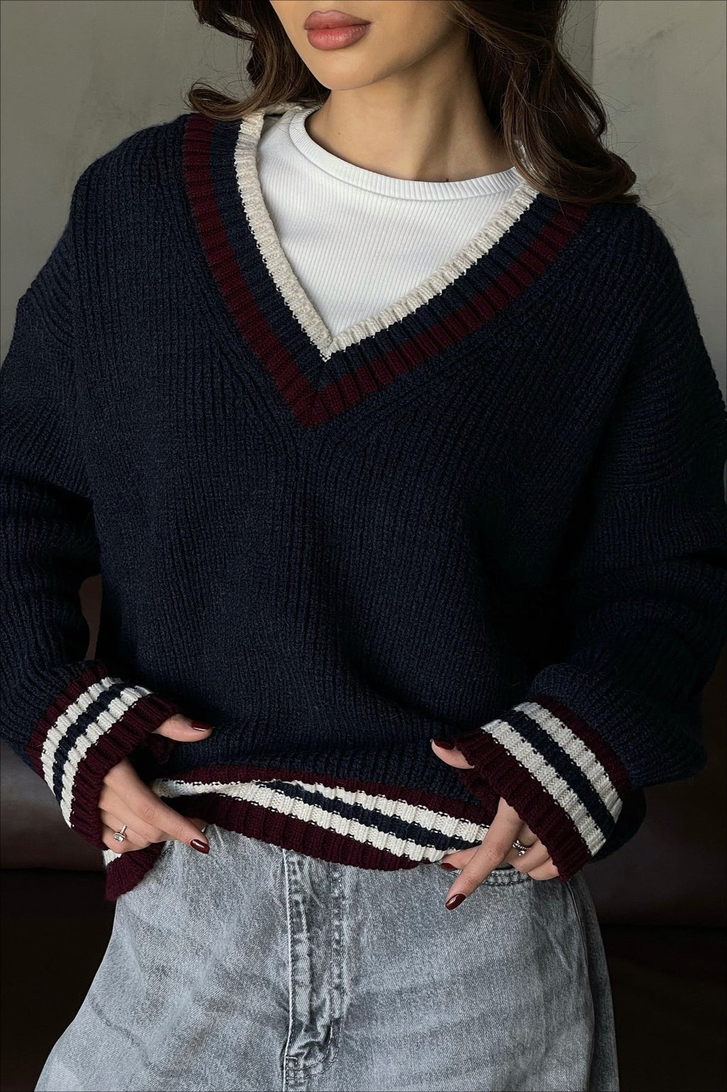 Striped Color Block V-neck Loose Knit Sweater