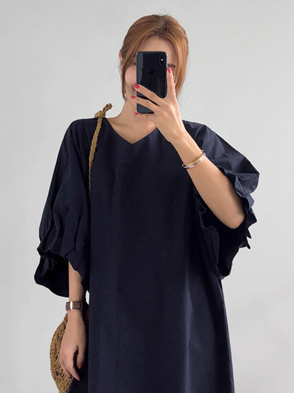 Causal Pleated Raglan Sleeve V-neck Midi Dress