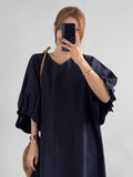 Causal Pleated Raglan Sleeve V-neck Midi Dress