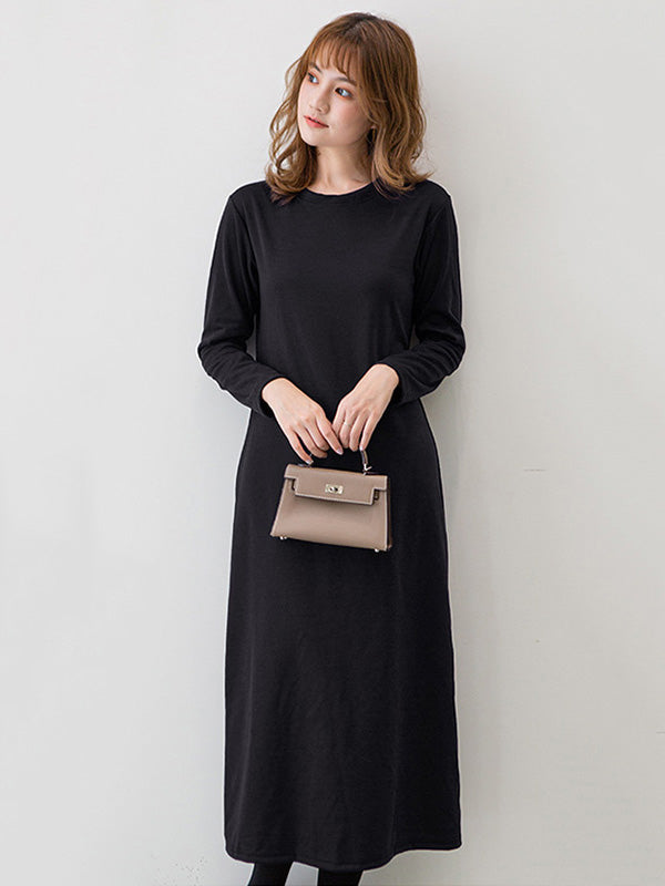 Simple Color Round-neck A-line Midi Dress