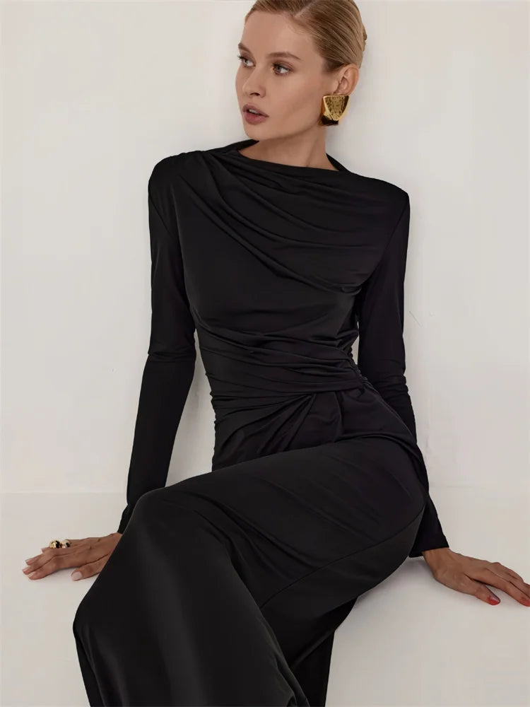 Autumn Pleated Long Dress Female High Waist Slim Bandage Commute Clothes Y2k Maxi Dress