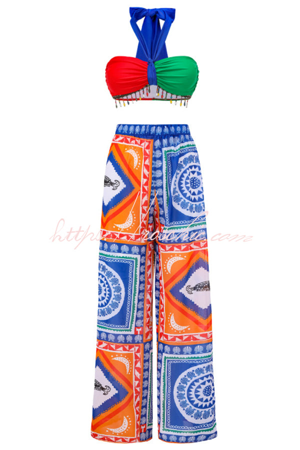 Contrast Mural Print High Waist Bikini and Pants