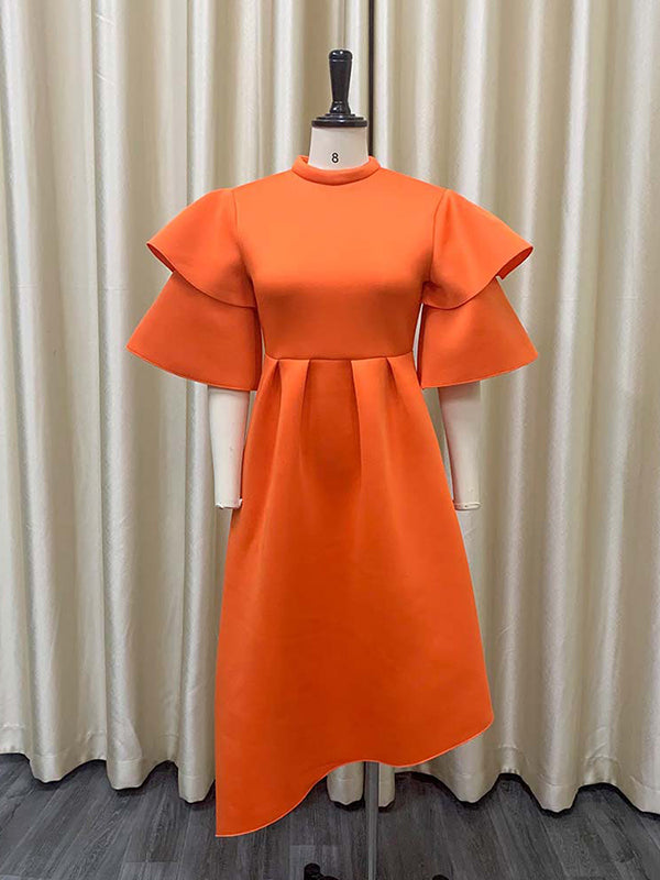 Original Loose Half Sleeves Falbala Color Round-neck Midi Dresses