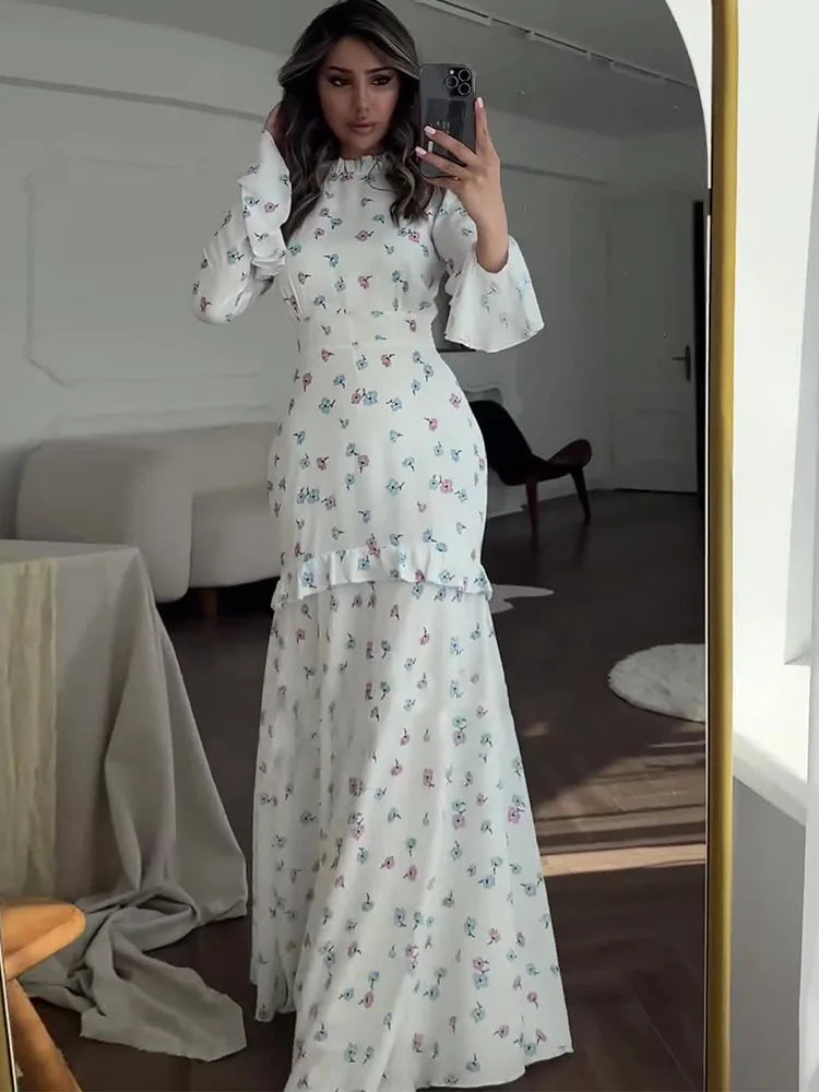 Ruffle Printed Long Sleeve Long Dress ’s Contrast Color Slim Fit Lace Waist Summer Long Dress