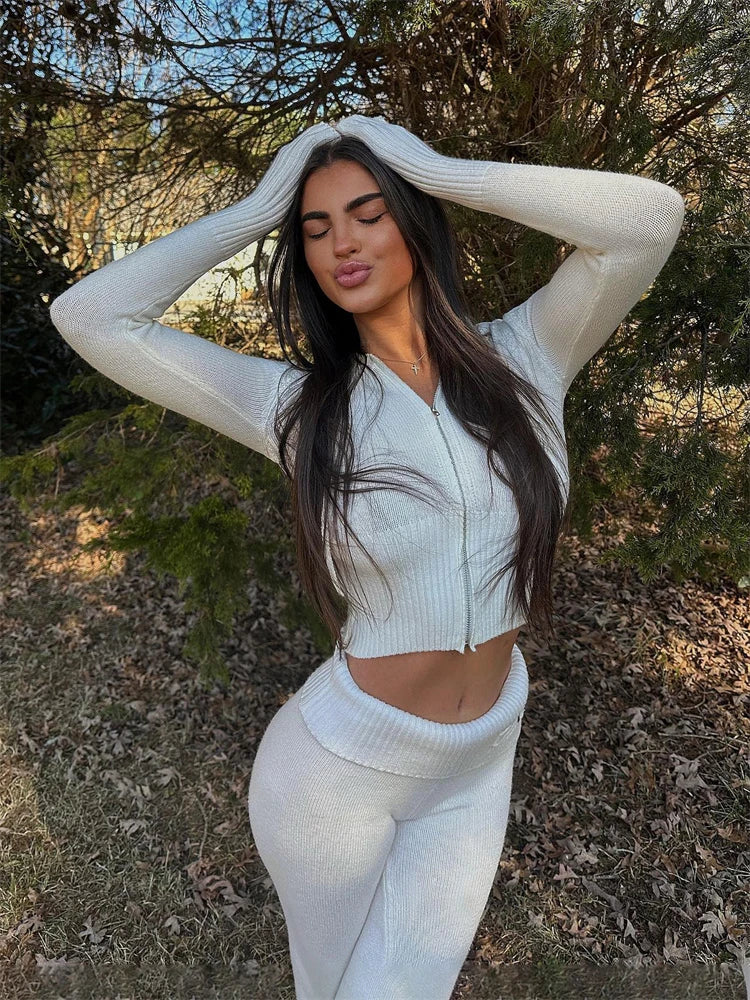 Spring Outfits Zipper Sweater Hoodie Set High Waist Flare Pants Suits Pink Knitted Y2k Two Piece Set