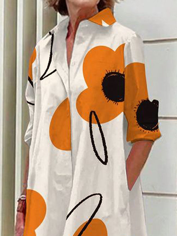 Long Sleeves Loose Flower Print Split-joint Lapel Midi Dresses Shirt Dress
