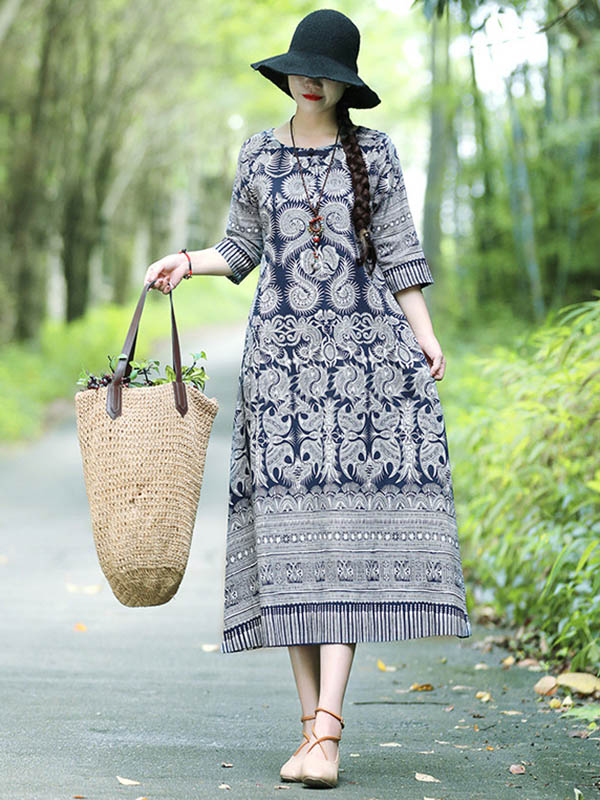Cotton Blend Printing Midi Dresses