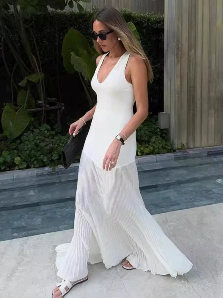 Knitted V-neck Long Dress Sleeveless Slim Stitching Folds Beach Vacation Female White Dress Knitwear Outfits