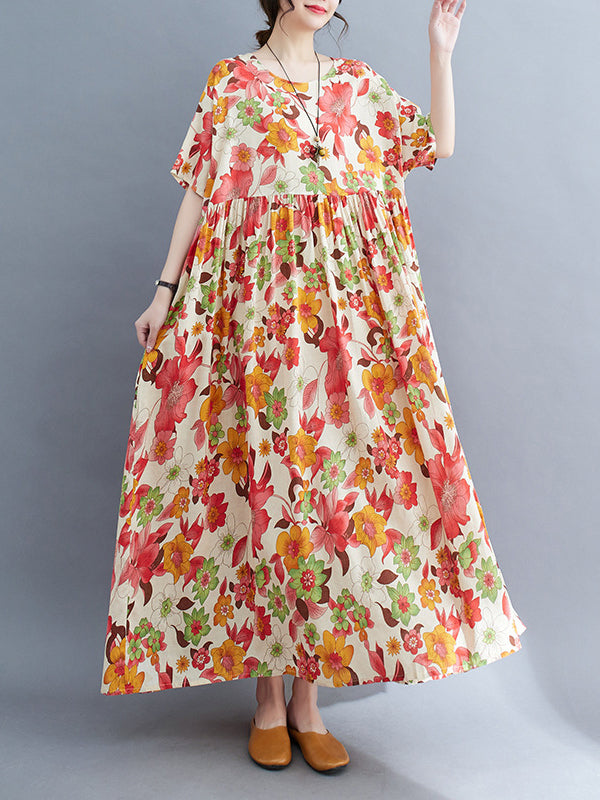 Loose Short Sleeves Pleated Printed Split-joint Round-neck Midi Dresses