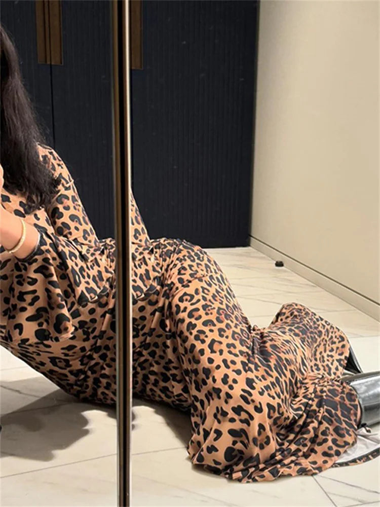 Leopard Printed Slim Long Dress Female Patchwork Contrast Long Sleeve Party Dress for Autumn Dress