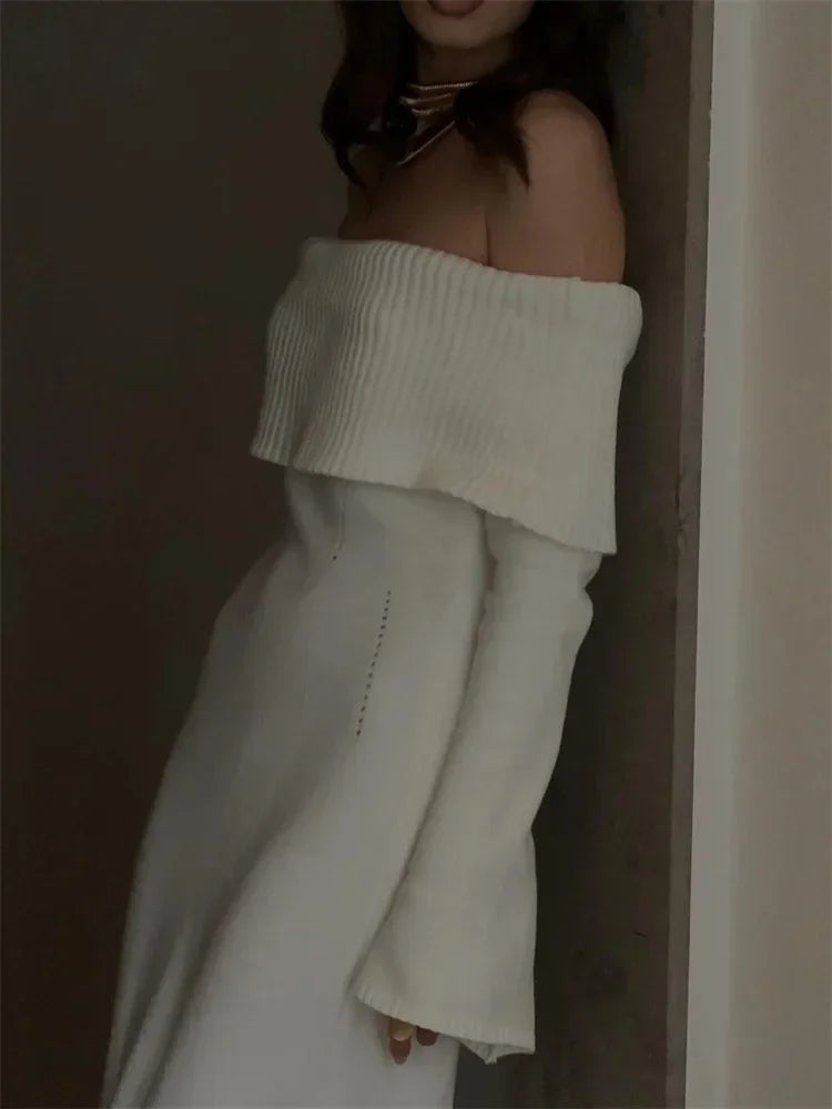 White Autumn Knit Sweater Long Dress Ribbed High Waist Off-shoulder Loose Party Dress Female Knitwear Dress
