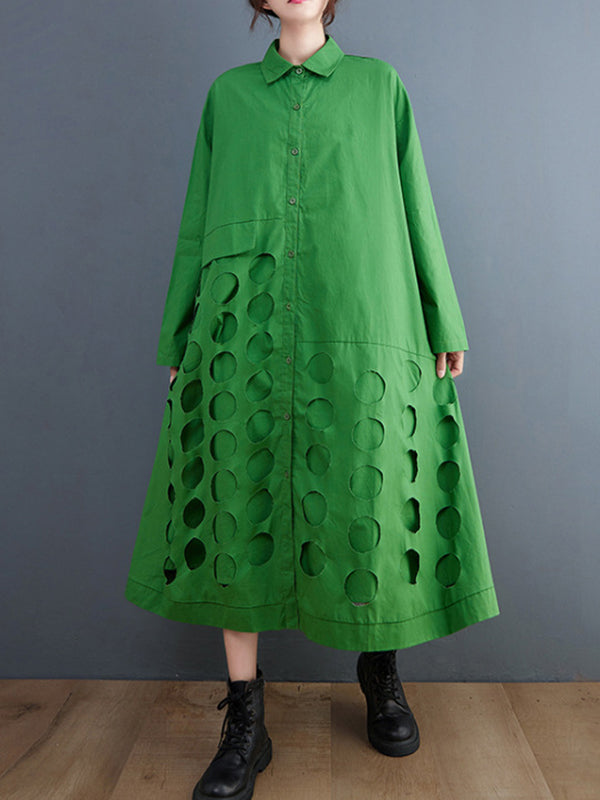 A-line Long Sleeves Asymmetric Hollow Polka-dot Color Lapel Midi Dresses