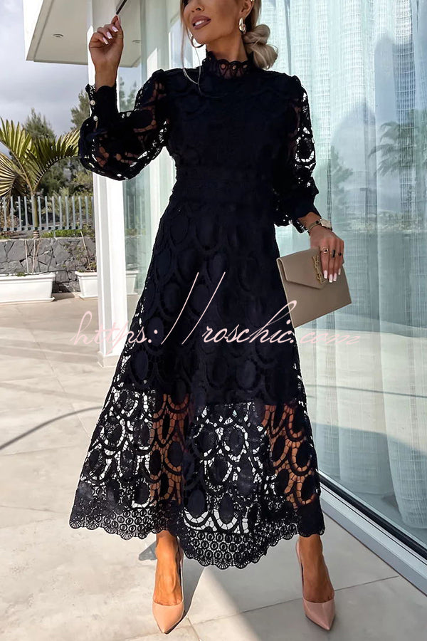 Romantic, Sensual and Crochet Lace Lantern Sleeve Party Midi Dress