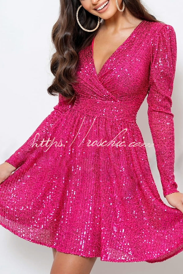 Night Out Sequin Wrap Long Sleeve Mini Dress