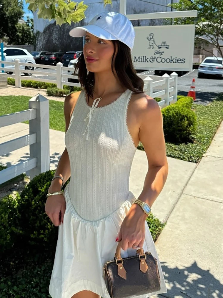 Fantoye Backless A-line Dress White Sleeveless Round Neck Mini Dress Female Summer Loose Vestidos