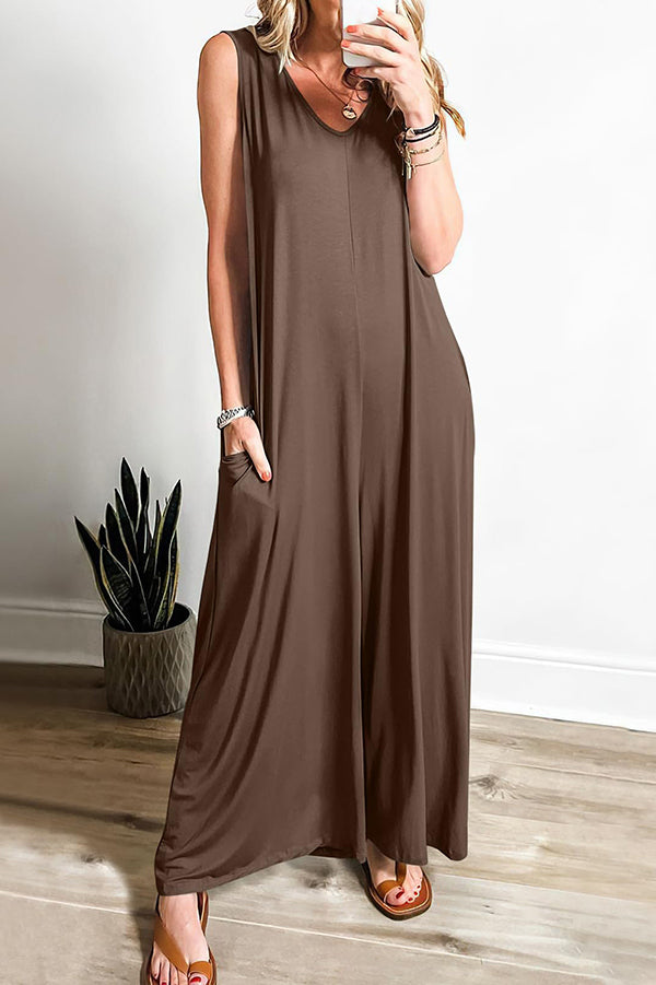 Color V-neck Sleeveless Loose Pocket Wide-leg Jumpsuit