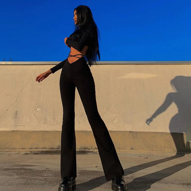 Y2k Flare Pants E Girl Style Strechy Trousers Lace Up V Waist Low Rise Harajuku Black Pants