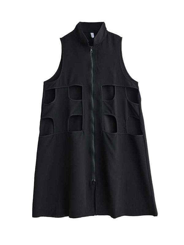 Loose Sleeveless Hollow Color Zipper Lapel Midi Dresses