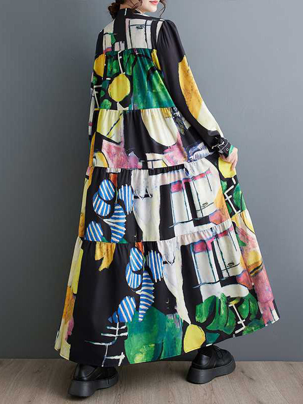Long Sleeves Loose Buttoned Printed Split-joint Round-neck Midi Dresses