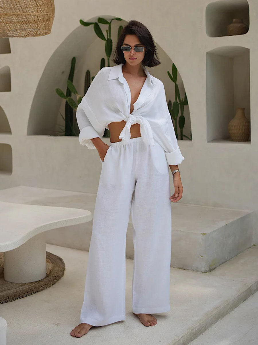 Cotton and Linen Shirt Drawstring Wide-leg Pants Set