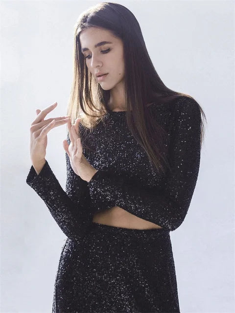 Glitter Sequin Crop Top Female Long Sleeve Outfit T-shirt High Street Sparkle for Y2k Top