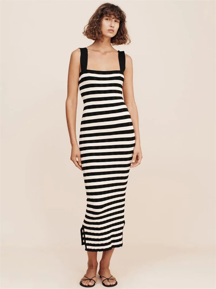Striped High Waist Backless Maxi Dress Contrast Split Slim Off-shoulder Autumn Party Dress