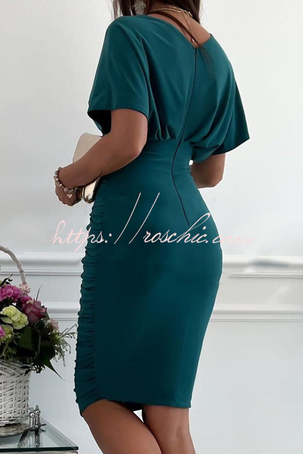 Day Batwing Sleeve Ruched Midi Dress