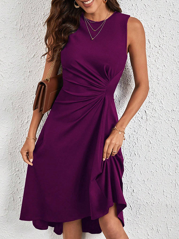 A-line High Waisted Asymmetric Pleated Color Split-joint Round-neck Midi Dresses