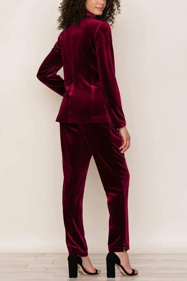 Color Velvet Long-sleeve Blazer and Elastic Waist Pocket Pants Set