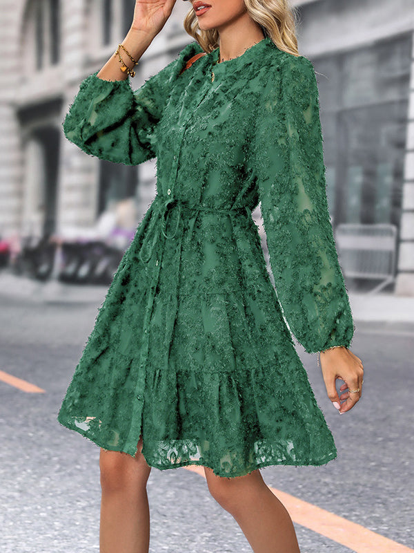 A-line Long Sleeves Buttoned Elasticity Jacquard Pleated Color Tied Waist Stand Collar Mini Dresses