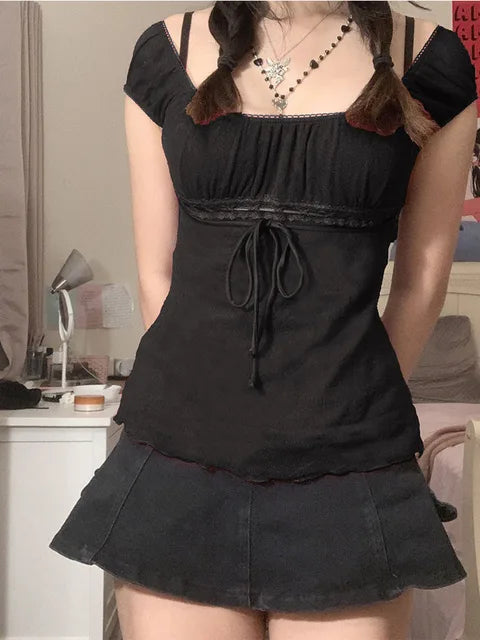 2000s Aesthetic Sweet Lace Tops Off Shoulder Drawstring T-shirt Korean Female Tee Fairy Grunge