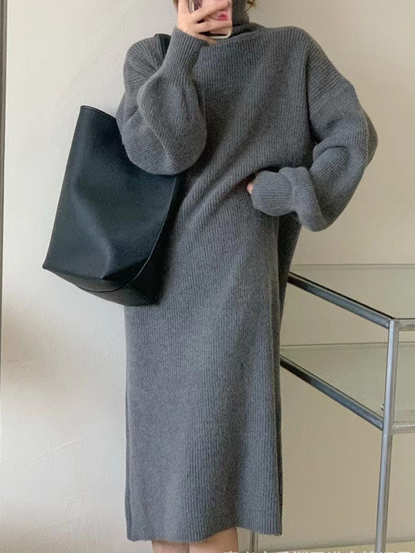 Long Sleeves Loose Color High Neck Midi Dresses Sweater Dresses