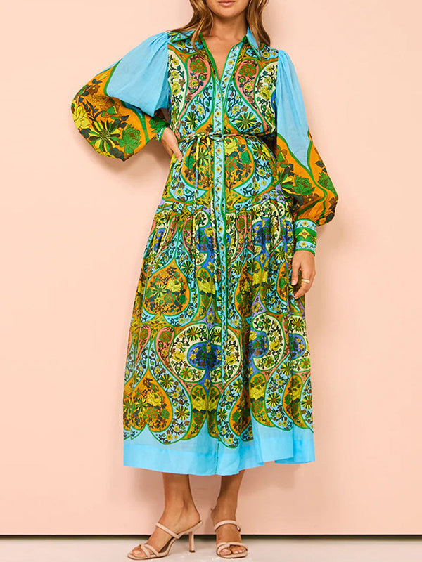 High Waisted Loose Puff Sleeves Belted Printed Lapel Midi Dresses