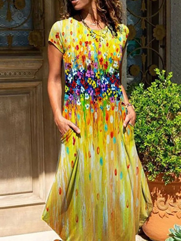 A-line Loose Flower Print Round-neck Midi Dresses