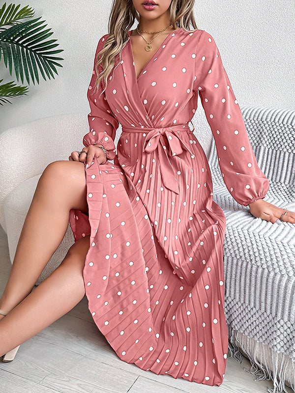 A-line High Waisted Elasticity Pleated Polka-dot Split-joint Tied Waist V-neck Midi Dresses Shirt Dress