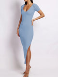 Short Sleeves Skinny Color Split-side Round-neck Midi Dresses