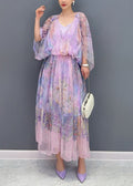 Lavender U Neck Print Patchwork Long Dresses Summer Ao1064