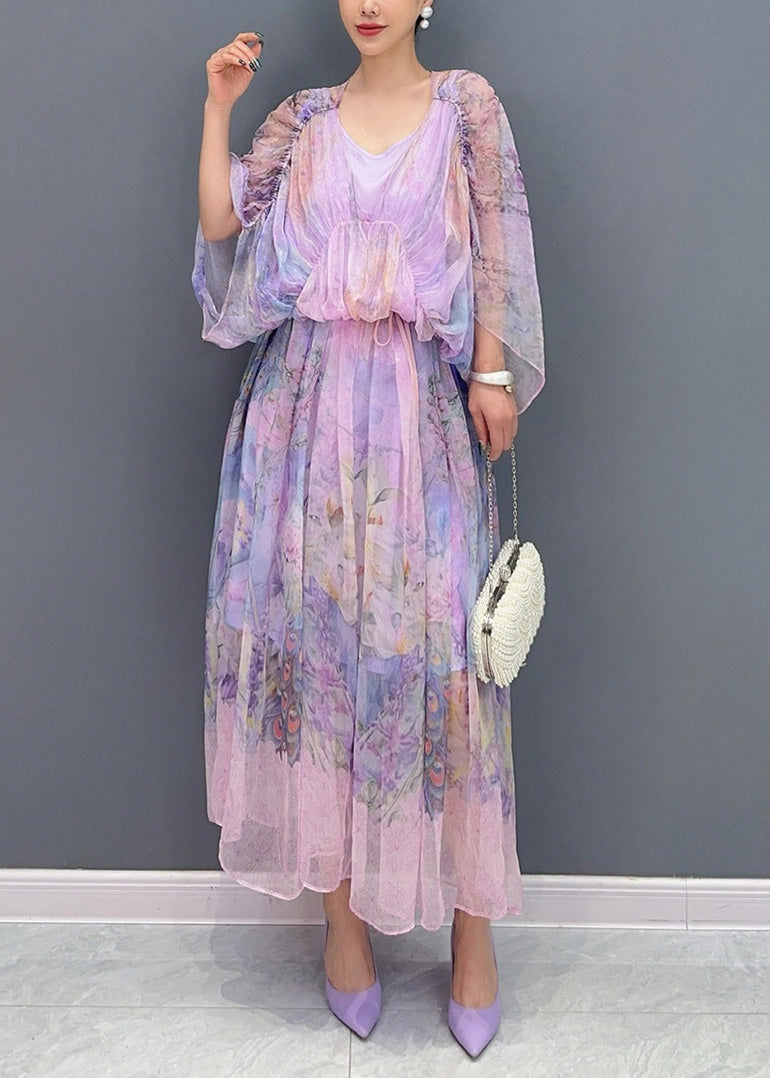 Lavender U Neck Print Patchwork Long Dresses Summer Ao1064