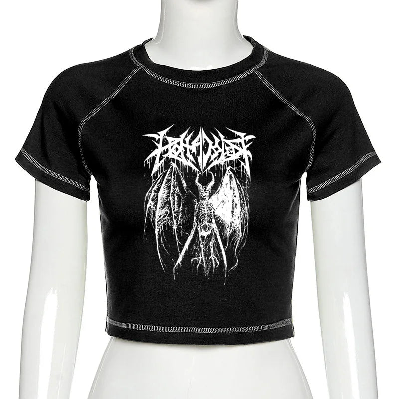 ’s T-shirt Harajuku Crop Top Harajuku Retro Korean Black Demon Punk Gothic Anime Print Clothes Slim Anime